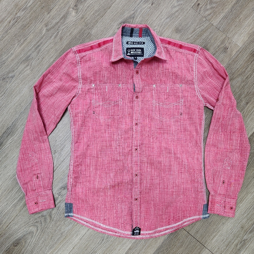 Raw Yarn Industries Red Casual Button Down Shirt with White Stitching